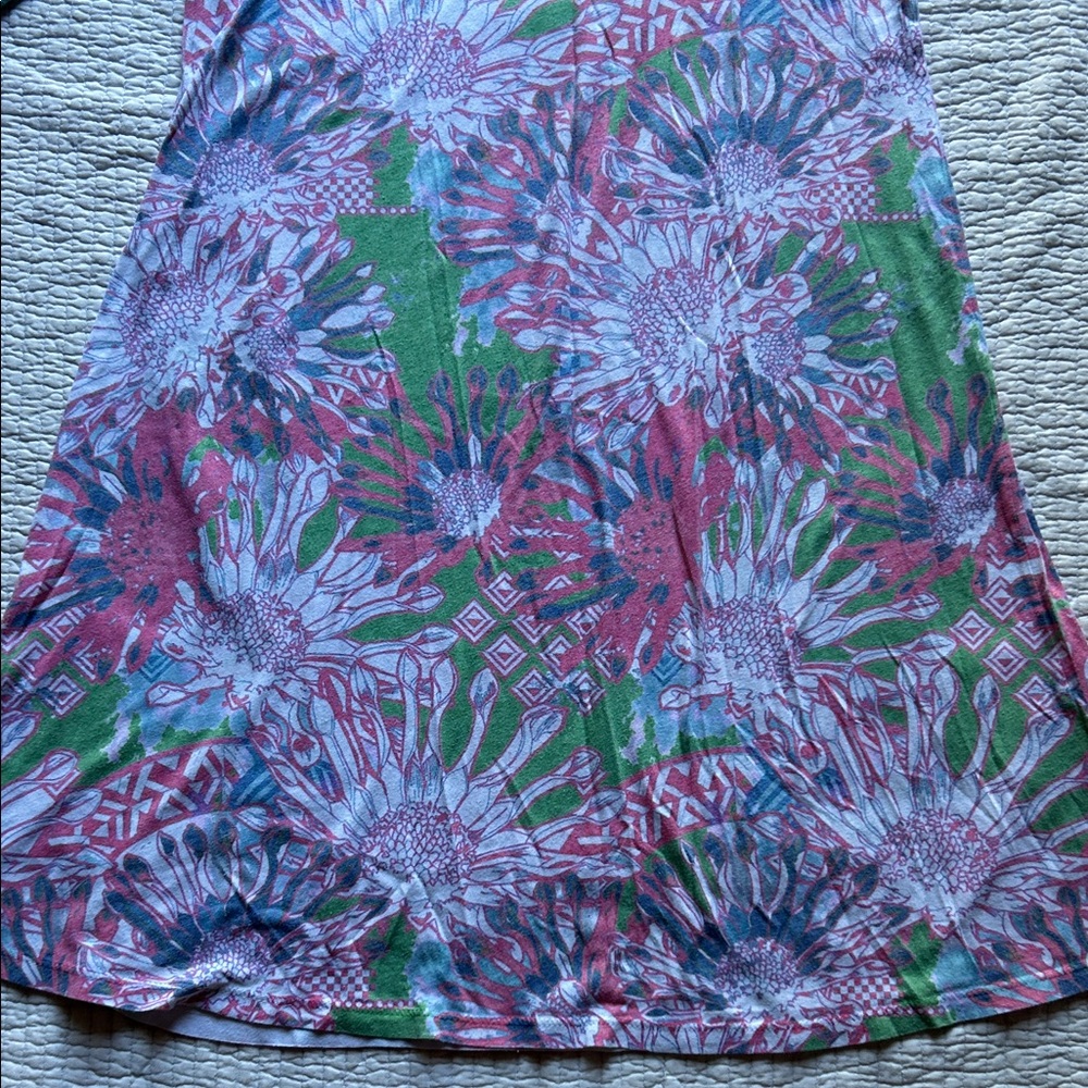 Funky Fractal Floral Mini Dress with V-Neck and Aqua Patterned Sleeves, XS - Picture 7 of 8